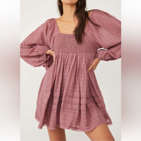 Free People Dresses & Skirts - Free People Ari Mini Dress in Dried Current Size XS Boho Feminine Square Neck